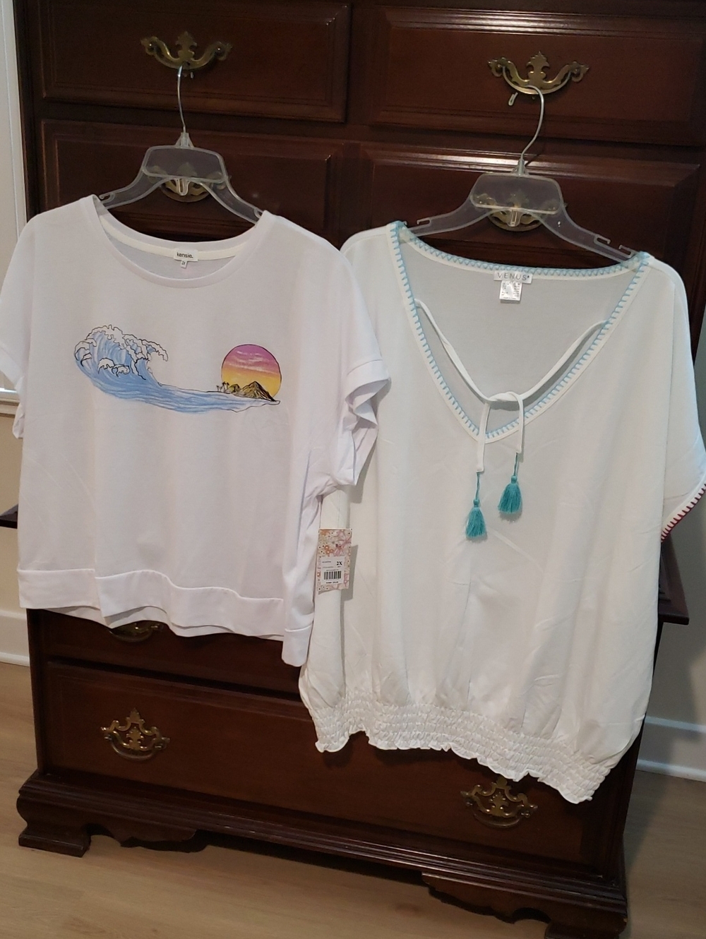 Two NEW Women's Tops - Graphic Wave & Tassel V-Neck Tees - Kensie and Venus
